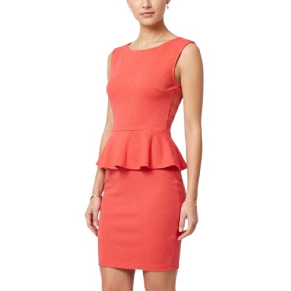Soprano Womens Small Coral Red Peplum Dress Lace Back Sleeveless Bodycon Mini